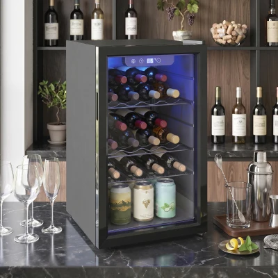 HOMCOM Weinkühlschrank 24 Flaschen, 68 Liter Kapazität, 4–16 °C Standgerät für Getränke, Bier und Wein mit Glas-Tür, Schwarz