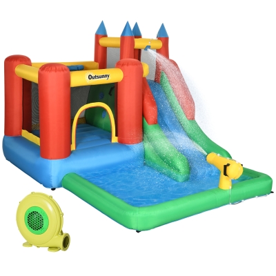 Outsunny Hüpfburg mit Gebläse Rutsche Wasserrutsche aufblasbar für 4 Kinder Wasserhüpfburg Garten XXL Springburg für 3-8 Jahre Kinder Oxford-, Polyester-Gewebe mehrfarbig 330 x 245 x 215 cm