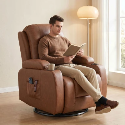 HOMCOM Massagesessel mit Wärmefunktion, drehbarer Schaukelsessel mit Fußstütze, Hellbraun
