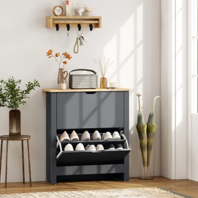 HOMCOM Schuhschrank mit 2 Klappfächern, verstellbar Trennwand für 8-12 Paar Schuhe, 72 x 26 x 80 cm, Dunkelgrau