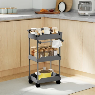 HOMCOM Carrito Auxiliar con Ruedas de 3 Niveles Carrito de Cocina con Cestas Extraíbles y Soporte para Toallas Gris