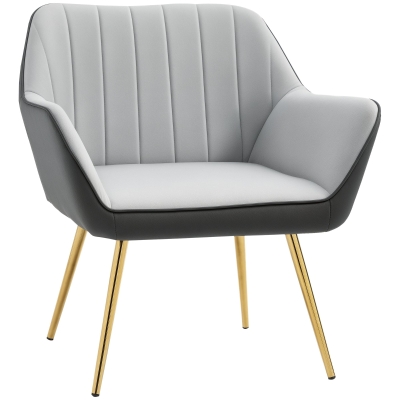 HOMCOM Silla de Cuero Sintético y Terciopelo con Respaldo a Rayas Patas Doradas y Asiento Acolchado para Salón Dormitorio Gris