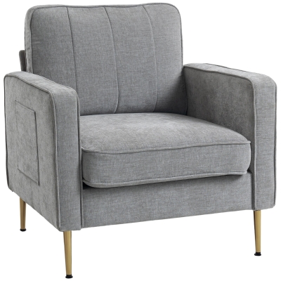 HOMCOM Fauteuil Tissu Gris Pieds Acier Doré avec Pochettes