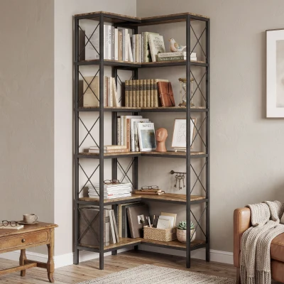HOMCOM 5-Tier L-Shaped Metal Corner Bookcase Rustic Brown