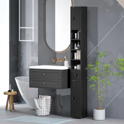 kleankin Armario de Baño Alto Columna de Baño Estrecha con 1 Cajón 4 Estantes Abiertos y Estantes Ajustables 20x20x180 cm Negro