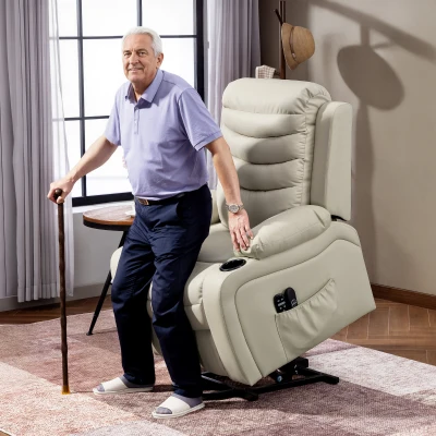 HOMCOM Fernsehsessel Relaxsessel Elektrisch mit Aufstehhilfe, Massage, Heizung, USB-Anschlüsse, PU, Creme