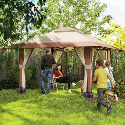 Outsunny 4 x 4 m Garten-Pavillon, Gartenzelt mit Netzwänden, UPF50+ Schutz, Höhenverstellbares Partyzelt, Beige