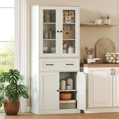 HOMCOM Mueble Auxiliar de Cocina con 2 Puertas de Acrílico Cajón Grande Estantes Ajustables 76x40x182,5 cm Crema