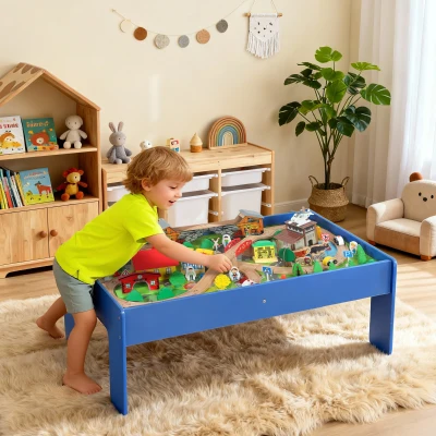 AIYAPLAY Spieltisch, 108-teiliges Eisenbahn-Set aus Holz, mit abnehmbarer Tischplatte, Eisenbahntisch, 98x60,5x40 cm, Blau