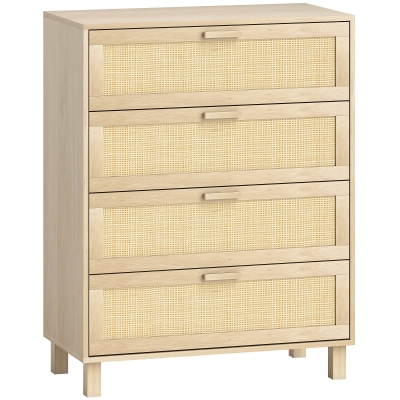 HOMCOM Commode 4 Tiroirs Rotin Bois Clair 80x40x103 cm