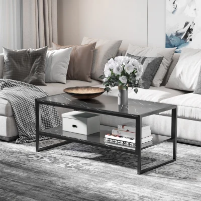 HOMCOM Marble Coffee Table Metal Frame Black 106x50cm