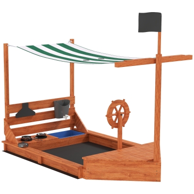 Outsunny Sandkasten mit Sonnendach Piratenschiff, inkl. Kinderküchenspielset, Massivholz, 180 x 103 x 144,5 cm, Grün