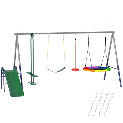 AIYAPLAY 5 in 1 Schaukelgestell mit Rutsche höhenverstellbar Schaukelgerüst mit Nestschaukel 382x196 x203 cm Mehrfarbig
