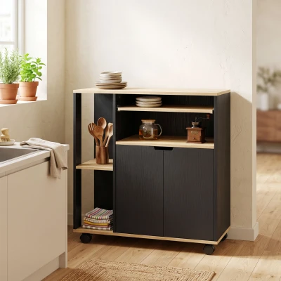 HOMCOM Rollender Küchenwagen mit Stauraum, Schrank, verstellbare Regale, für Küche, Wohnzimmer, Esszimmer, Schwarz