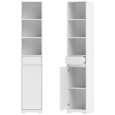 HOMCOM Armário Alto de Casa de Banho com Gaveta Design Canelado Prateleira Ajustável Prateleiras Abertas para Espaços Pequenos Branco