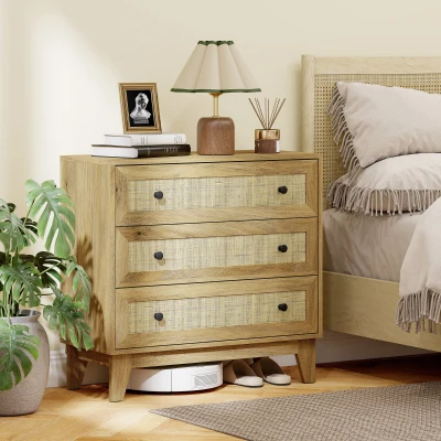 HOMCOM Cómoda con 3 Cajones Cajonera de Madera con Frontales de Ratán Estilo Cannage para Dormitorio 80x35x76 cm Natural