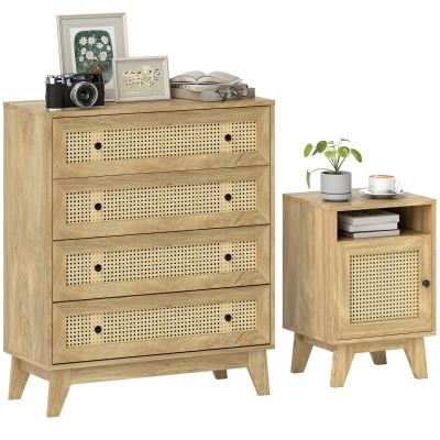 HOMCOM Rattan Chest 4-Drawer Bedside Table with Door Natural
