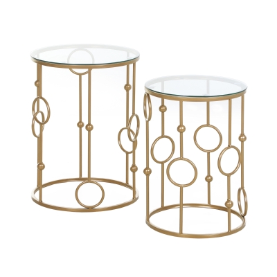 HOMCOM Round Coffee Tables Set of 2 Gold Steel Glass Top