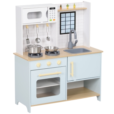 AIYAPLAY Spielküchen-Set, Kinderküche zum Spielen mit Mikrowelle, Herd und Backofen, Kochutensilien, MDF, Edelstahl, Blau