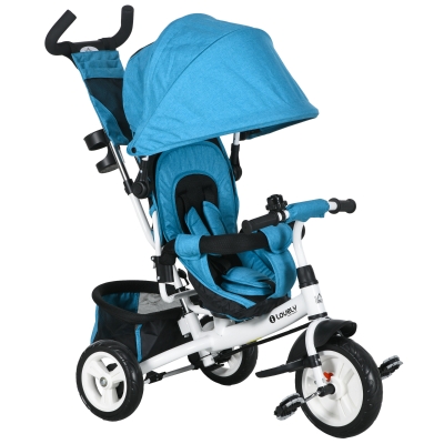 HOMCOM Kinder-Dreirad, Kinderfahrrad, Rückenkorb, Becherhalter, Sonnendach, Metall, Blau