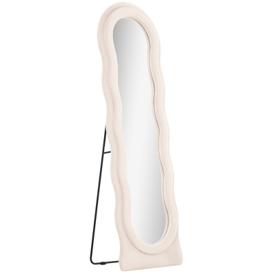 HOMCOM Espejo de Cuerpo Entero 160x50 cm Diseño Ondulado Marco con Tela de Terciopelo para Salón Dormitorio Crema