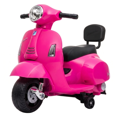 AIYAPLAY Mota Elétrica Infantil com Licença Mini Vespa GTS, 2 Rodas Auxiliares, Bateria de Lítio, Farol, Buzina, Encosto, Rosa
