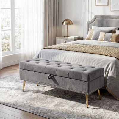 HOMCOM Chenille Storage Ottoman Metal Legs 114x41x45cm Grey