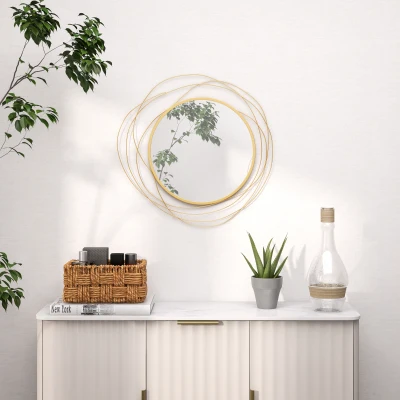 HOMCOM Espejo Decorativo de Pared Adorno de Pared Metálico Ø65 cm con Ganchos para Salón Dormitorio Pasillo Dorado