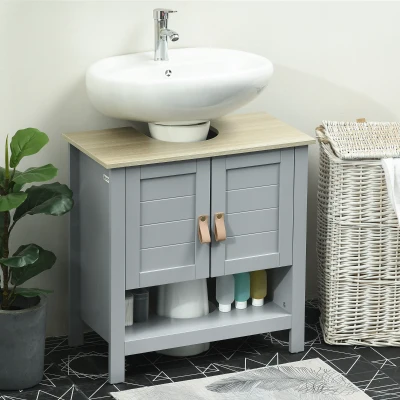 kleankin Armario para Debajo de Lavabo Compacto con 2 Puertas y Estante Interior Ajustable Mueble Auxiliar de Almacenamiento para Baño 60x30x60 cm Gris