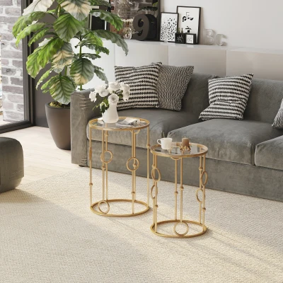 HOMCOM Round Coffee Tables Set of 2 Gold Steel Glass Top