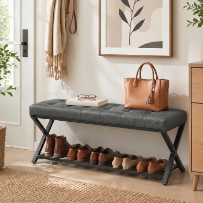 HOMCOM Schuhbank, Eingangsbank mit Kunstlederpolster, Ablage bis 220 kg für Flur, Eingangsbereich, 112 x 37 x 47 cm, Dunkelgrau