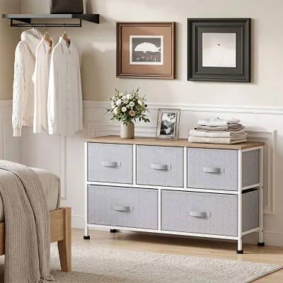 HOMCOM Cómoda con 5 Cajones de Tela Cómoda para Dormitorio Marco Metálico 100x30x54 cm Gris