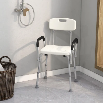 HOMCOM Silla de Ducha para Personas Mayores con Respaldo Altura Regulable Antideslizante y Apoyabrazos Carga 136 kg