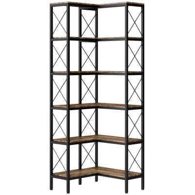 HOMCOM 5-Tier L-Shaped Metal Corner Bookcase Rustic Brown