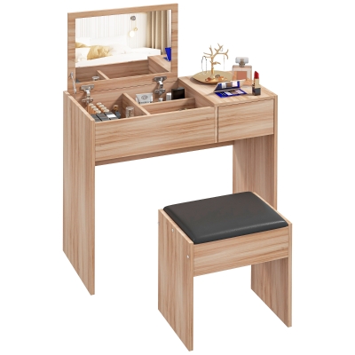 HOMCOM Tocador de Maquillaje con Taburete Mesa de Maquillaje con Espejo Tapa Abatible y Cajas 80x40x79 cm y 40x30x40 cm