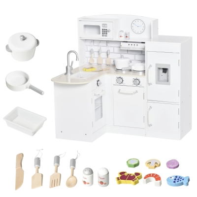 HOMCOM Spielküche, 14-tlg. Zubehör, elektr. Wasserspender, 86 x 64 x 84,5 cm, Weiß