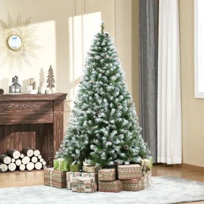 HOMCOM Kunstkerstboom, 800 Takken, 61 Dennenappels, Besneeuwde Punten, Brandvertragend, 180 cm