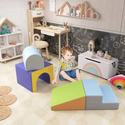 HOMCOM 4-delige Set Zachte Bouwblokken voor Klimmen en Glijden, Kunstlederen Bekleding, voor Kinderen van 1-3 Jaar, Multicolor