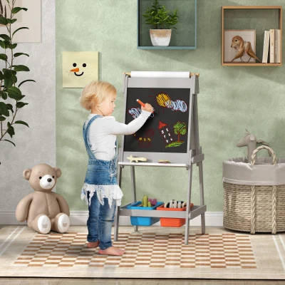 AIYAPLAY Dubbelzijdige Kinder Tekenezel met Papierrol, Krijtbord, Whiteboard, 3-in-1 Ontwerp, voor Tekenen en Schilderen