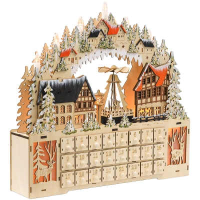 HOMCOM Adventskalender, Weihnachtsdorf, 18 LEDs, 24 Schubladen, wiederverwendbar, 45 x 9 x 42,5 cm