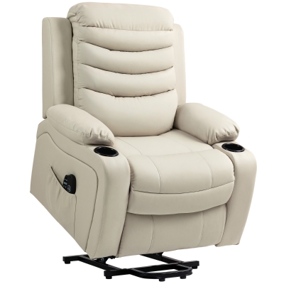 HOMCOM Fernsehsessel Relaxsessel Elektrisch mit Aufstehhilfe, Massage, Heizung, USB-Anschlüsse, PU, Creme