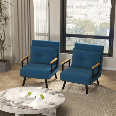 HOMCOM Pack de 2 Sofás Cama de 1 con Respaldo Ajustable de 5 Niveles y Almohadas Acolchadas 63x73x81 cm Azul
