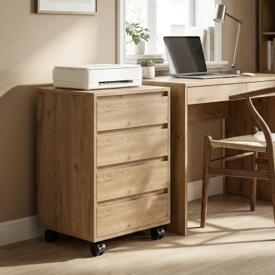 HOMCOM Cajonera de Oficina con 4 Cajones Cajonera de Escritorio con Ruedas para Estudio 46x40x65 cm Marrón