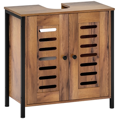 HOMCOM Mueble Bajo Lavabo Industrial 2 Puertas de Lamas con Cierre Magnético Estante Ajustable 60x30x60 cm Marrón Rústico