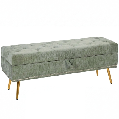 HOMCOM Chenille Storage Ottoman Metal Legs 114x41x45cm Light Green