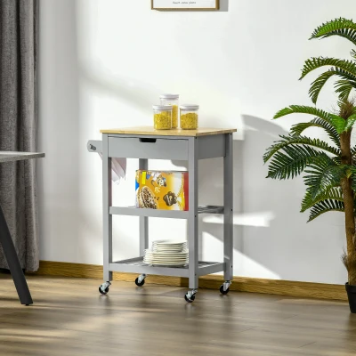 HOMCOM Kitchen Trolley Utility Cart Grey with Rubberwood Top
