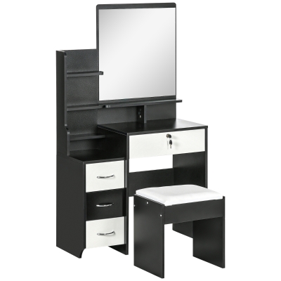 HOMCOM Coiffeuse+Tabouret Miroir Étagères Blanc Noir