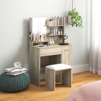 HOMCOM Dressing Table Set with Stool, Storage, Natural Wood