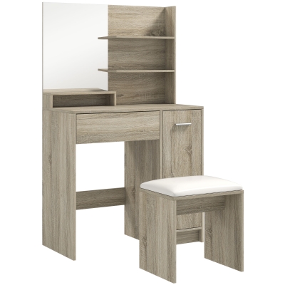 HOMCOM Dressing Table Set with Stool, Storage, Natural Wood