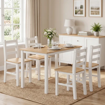 HOMCOM 5-teiliges Essgruppe für 4 Personen, Landhaus-Esstisch und Stühle aus Massivholz, Natur/Weiß